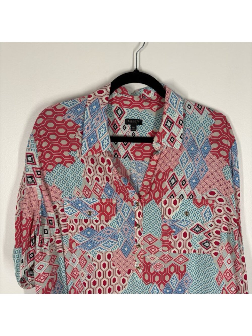 Talbots Woman Petite 2XP Patchwork Roll Tab Sleeves Popover Tunic Shirt - Picture 4 of 11